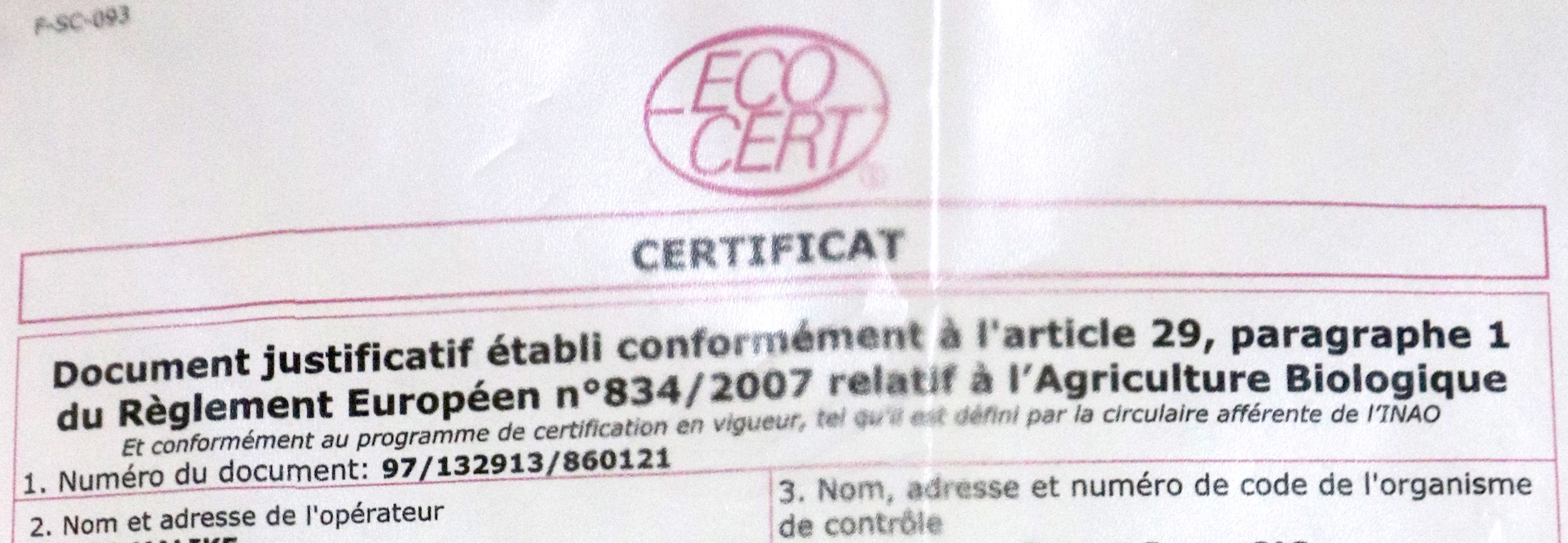 certificat ECOCERT
