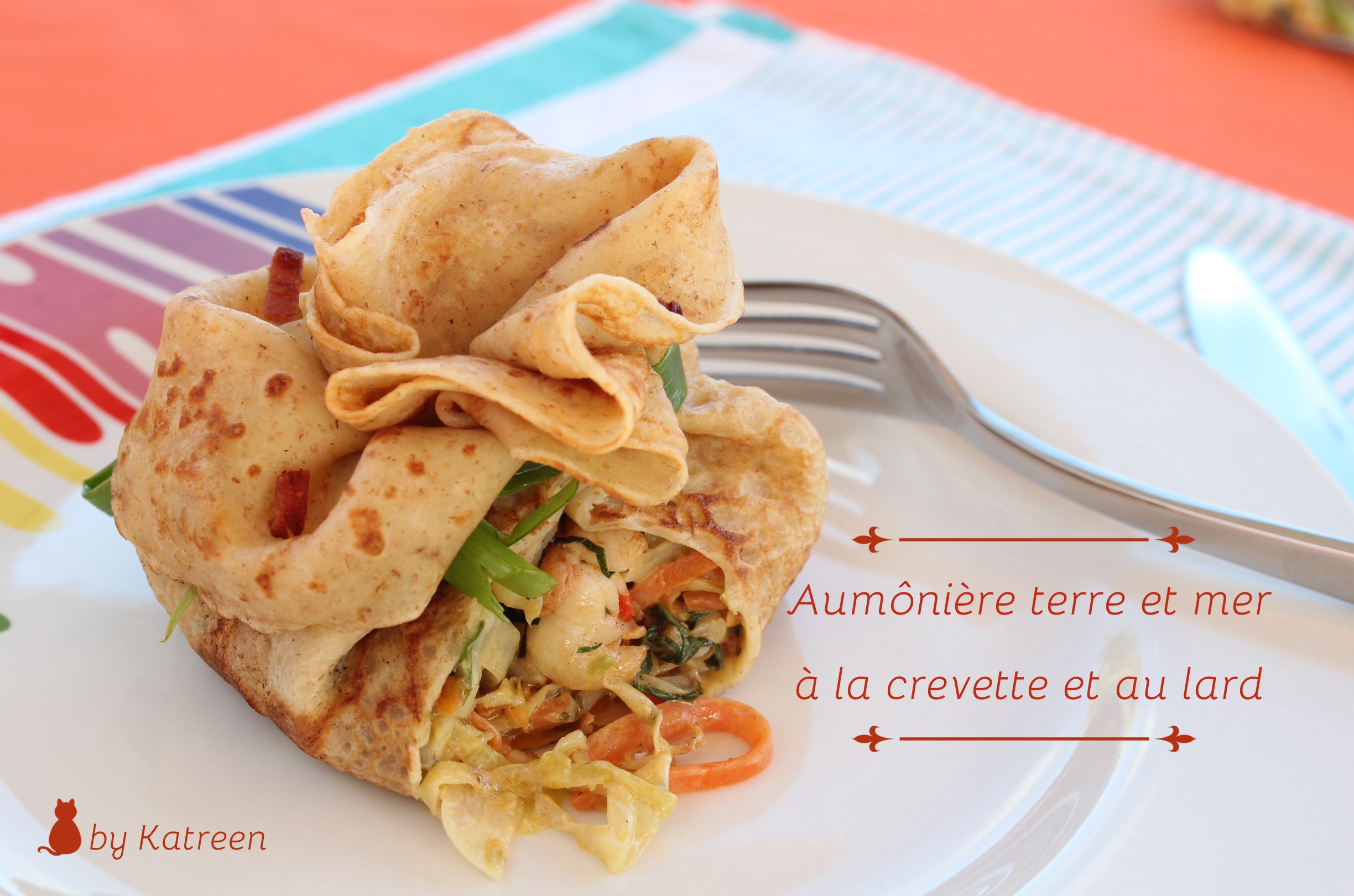 Aumônière terre mer Crêpe crevette lard grillé