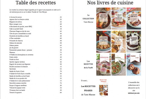 Livre Tatie Maryse -La cuisine antillaise facile (table des recettes)