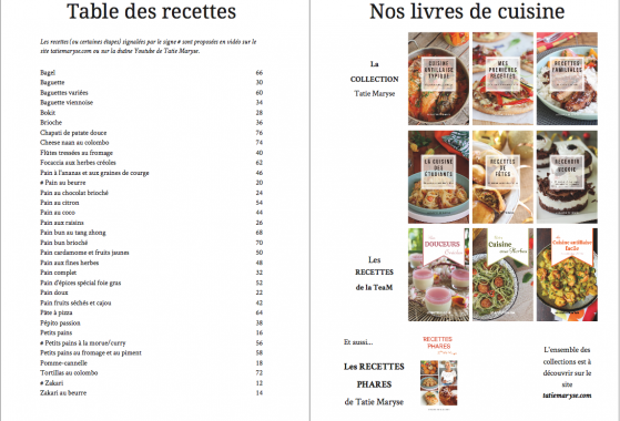 Livre Tatie Maryse - Pains et Cie (table des recettes)