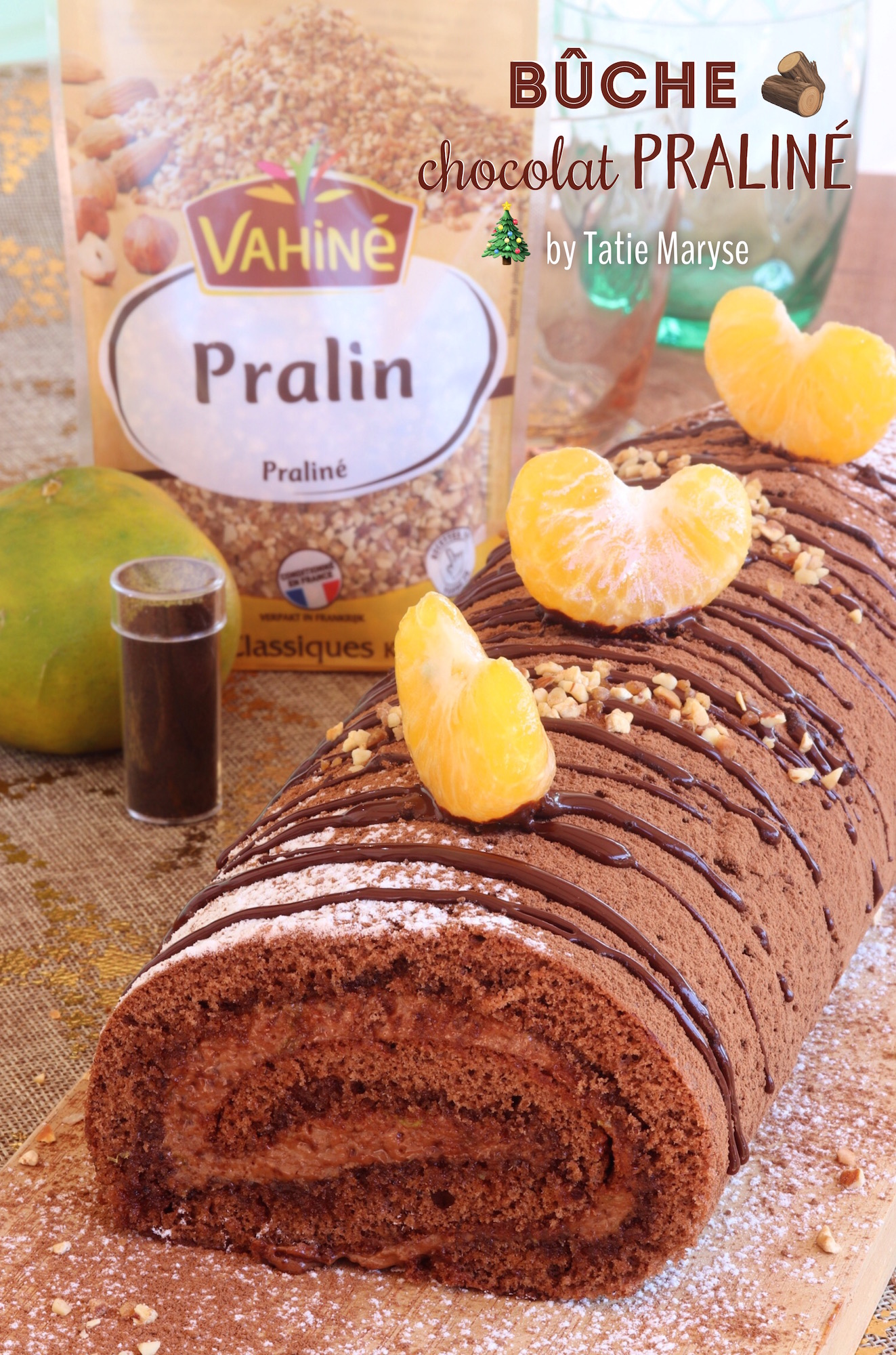 Bûche de Noël roulée au chocolat noir et praliné